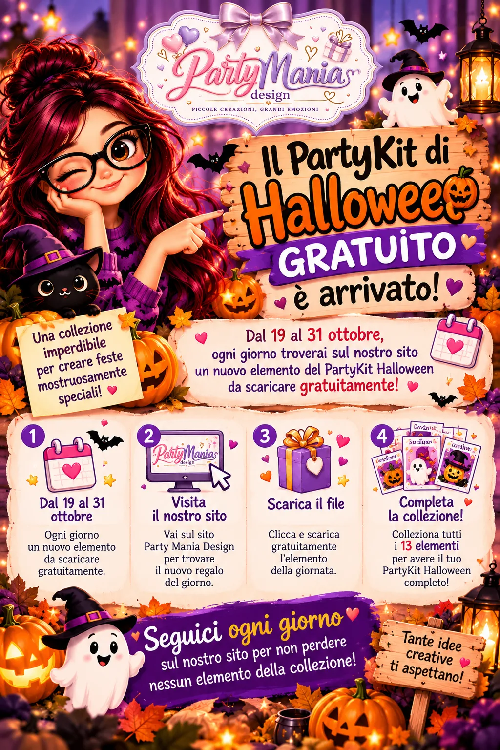 Banner di Halloween dove viene indicata la collezione gratuita del party kit di halloween dal 19 al 31 Ottobre per una festa da paura.